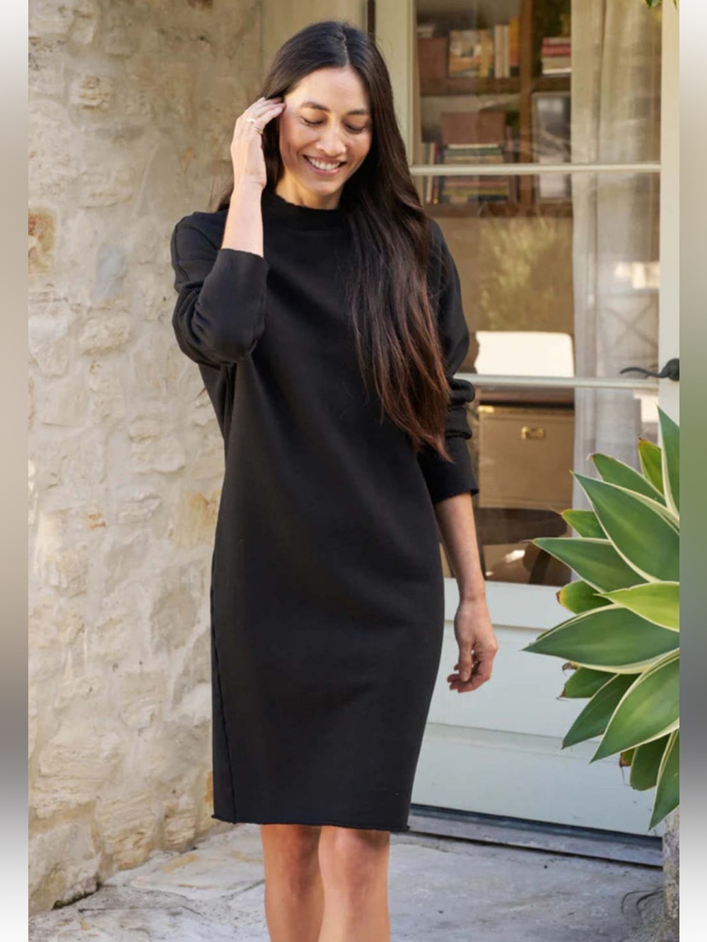 Frank and Eileen “Izzie”Classic Black Long-Sleeve cotton Terry Shift Dress L